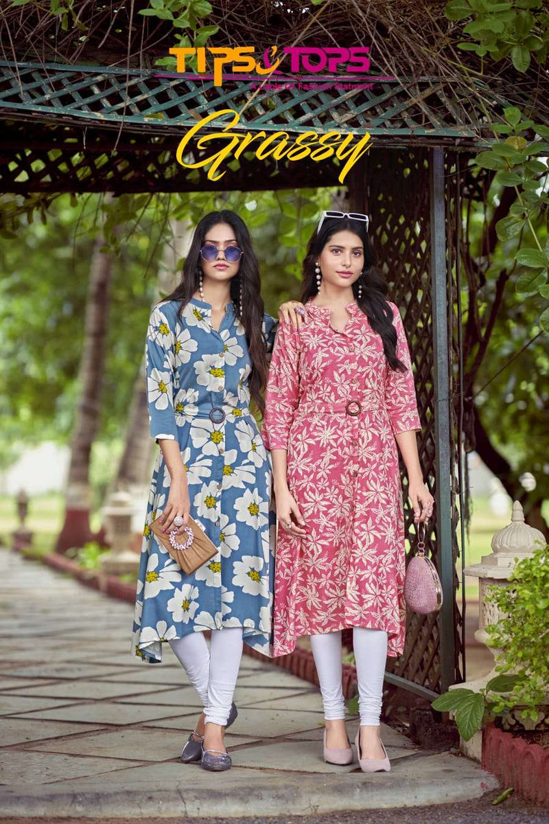 Tips And Tops Graccy Rayon Printed Stylish Daily Wear A Line Kurti Set