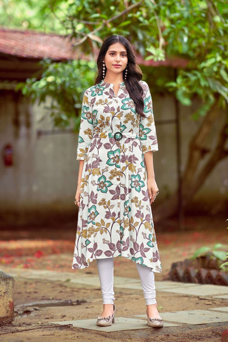 Tips And Tops Graccy Rayon Printed Stylish Daily Wear A Line Kurti Set