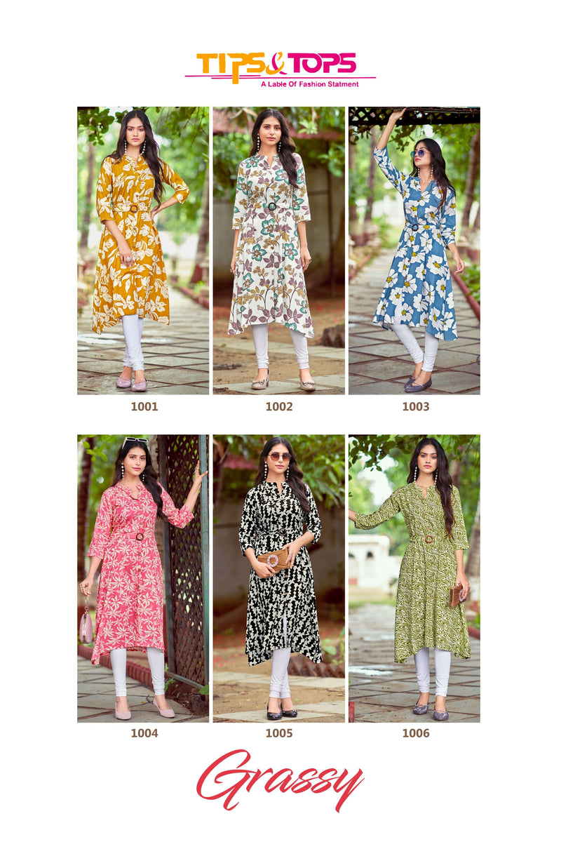 Tips And Tops Graccy Rayon Printed Stylish Daily Wear A Line Kurti Set