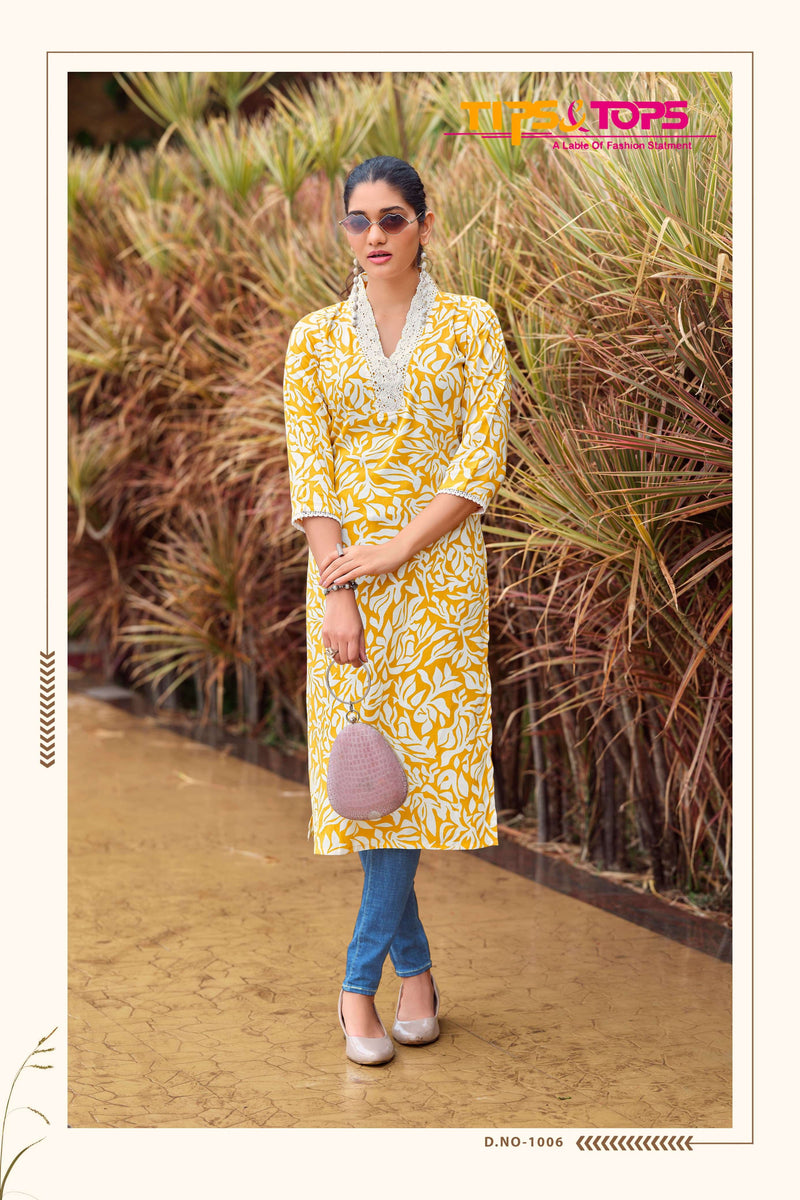 Tips And Tops Viana Rayon Print V Neck Lace Pattern Casual Wear Kurti