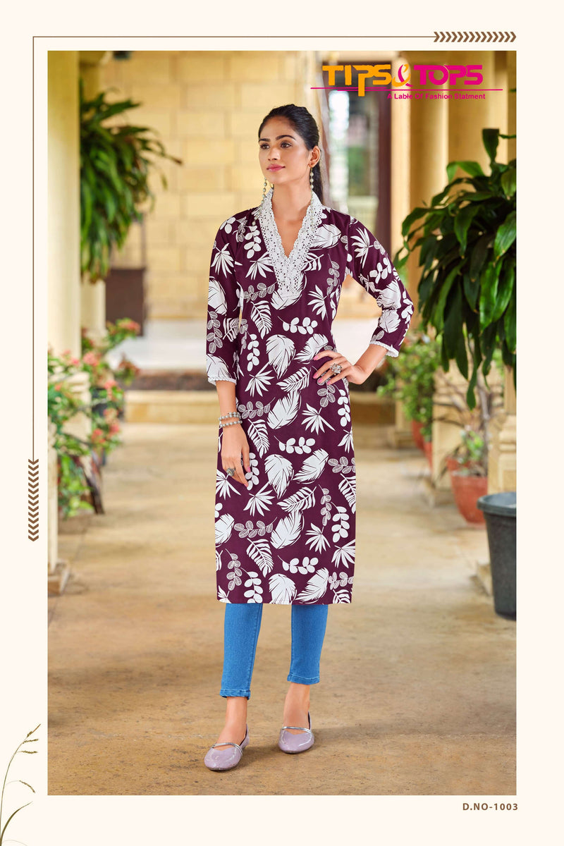 Tips And Tops Viana Rayon Print V Neck Lace Pattern Casual Wear Kurti