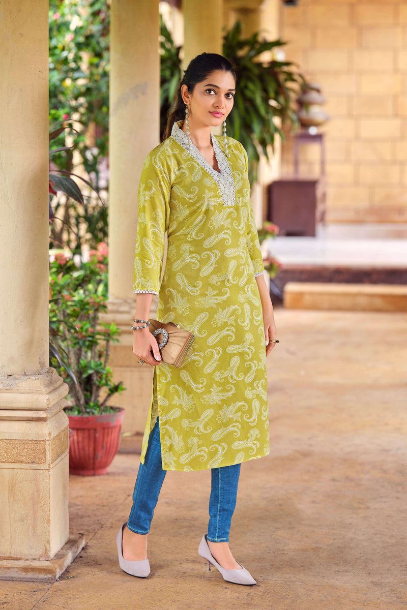 Tips And Tops Viana Rayon Print V Neck Lace Pattern Casual Wear Kurti