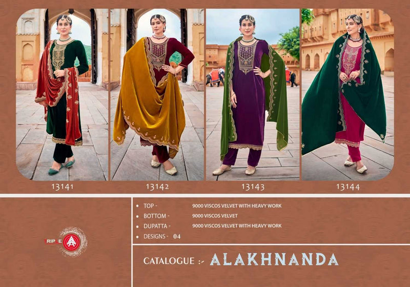 Triple A Alakhnanda Velvet Heavy Work Designer Wedding Wear Kurti Pant Dupatta Collection