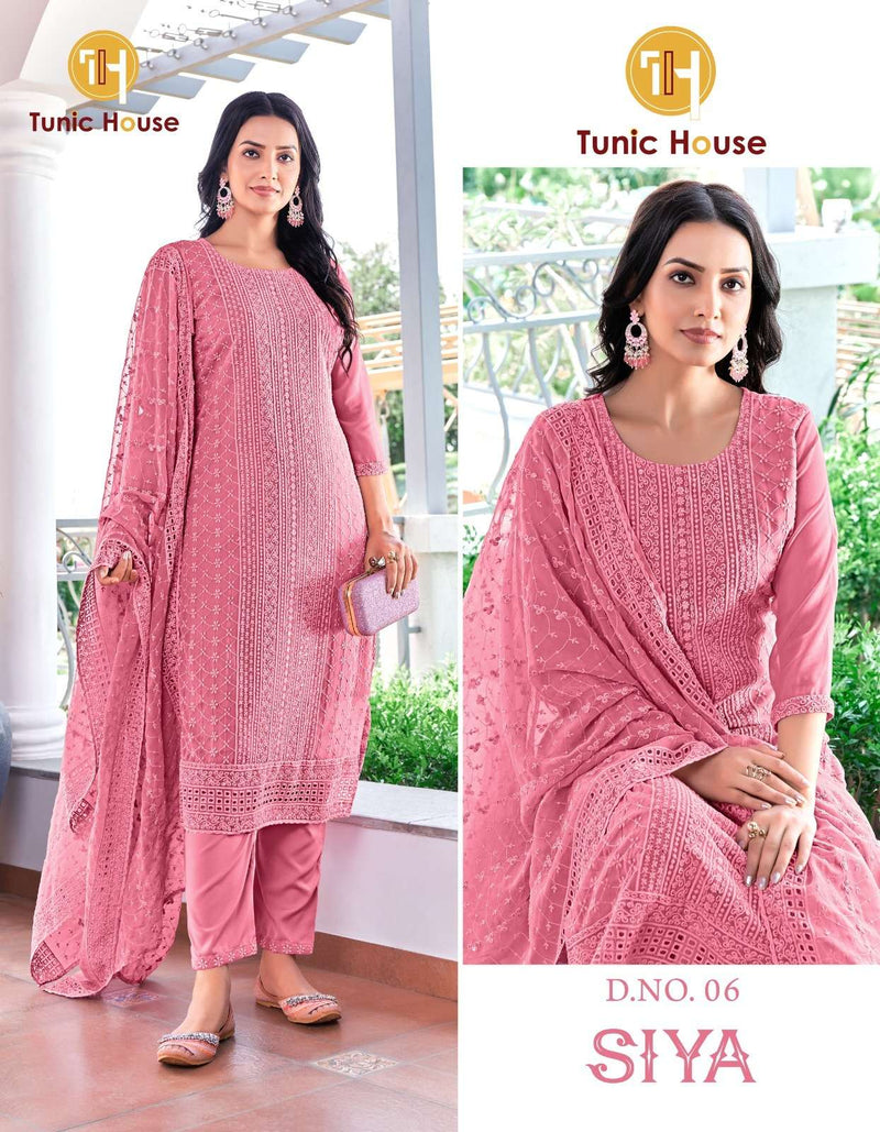 Tunic House Siya Georgette Chikankari Work Fancy Casual Wear Kurti Pant Dupatta Set