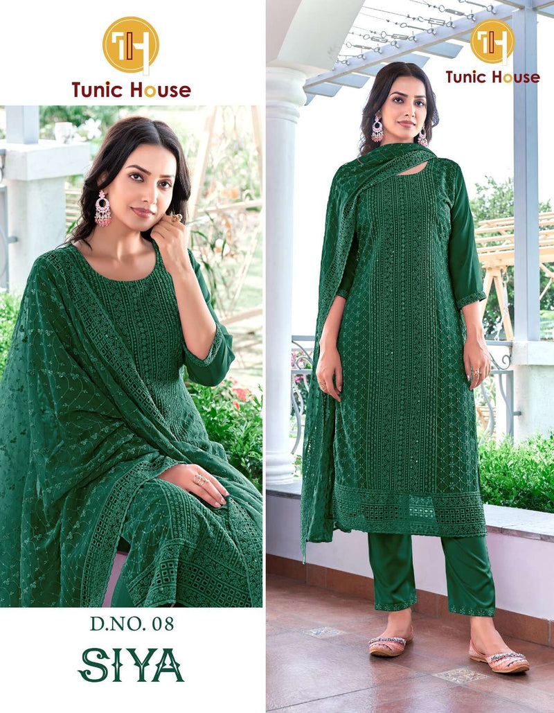 Tunic House Siya Georgette Chikankari Work Fancy Casual Wear Kurti Pant Dupatta Set