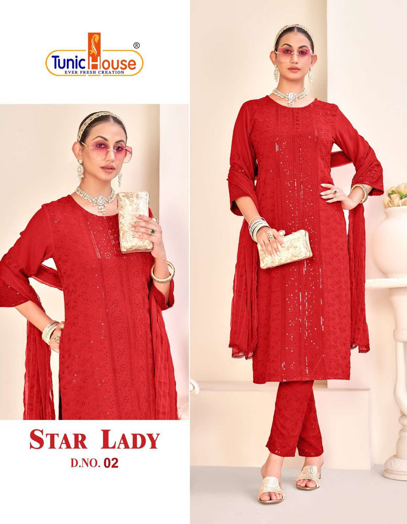 Tunic House Star Lady Rayon Chikankari Sequince Work Kurti Pant Dupatta Set