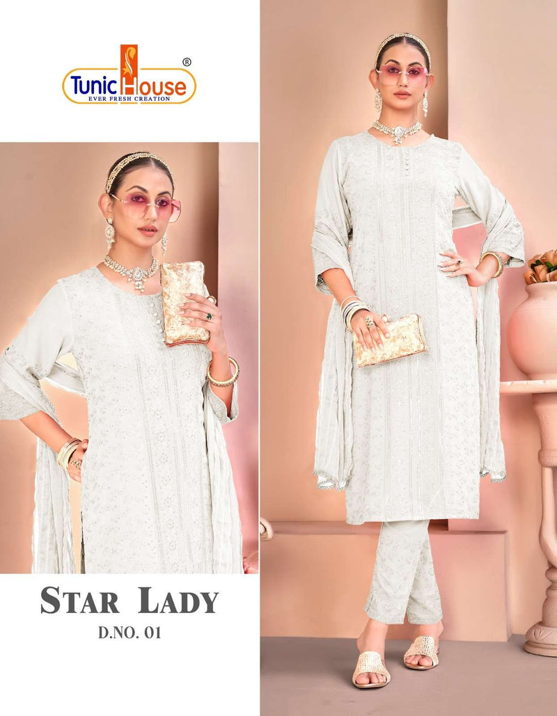 Tunic House Star Lady Rayon Chikankari Sequince Work Kurti Pant Dupatta Set