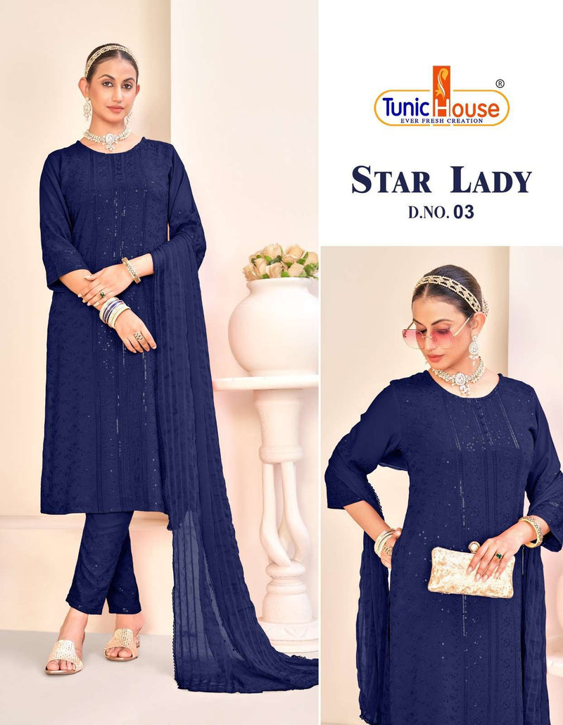 Tunic House Star Lady Rayon Chikankari Sequince Work Kurti Pant Dupatta Set