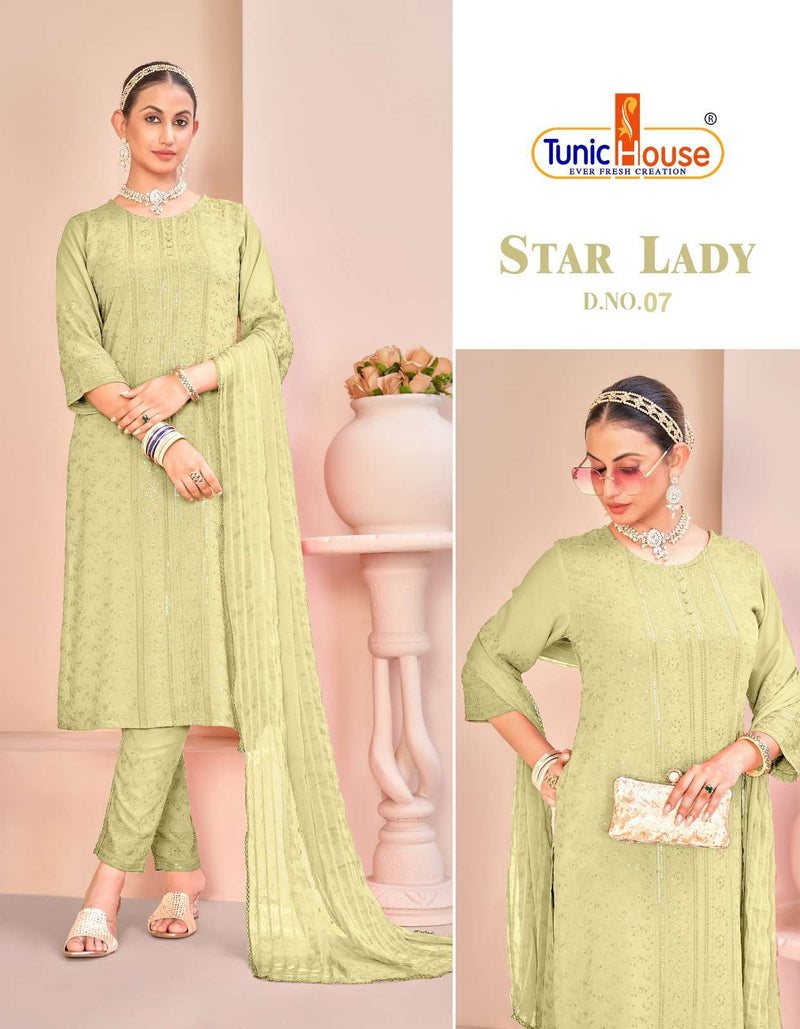 Tunic House Star Lady Rayon Chikankari Sequince Work Kurti Pant Dupatta Set