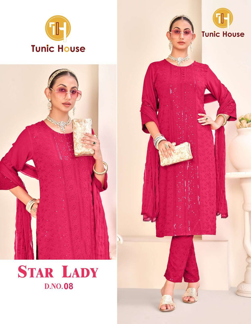 Tunic House Star Lady Rayon Chikankari Sequince Work Kurti Pant Dupatta Set