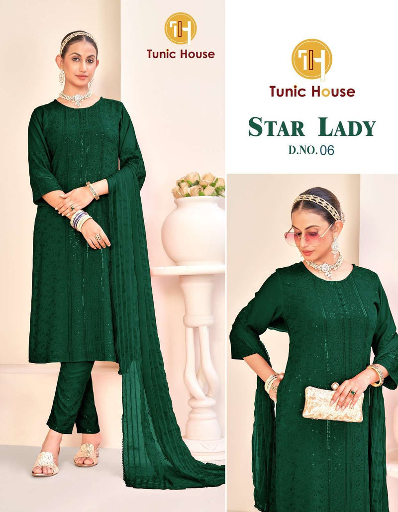 Tunic House Star Lady Rayon Chikankari Sequince Work Kurti Pant Dupatta Set