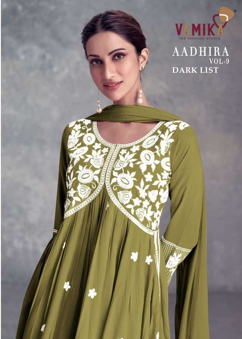 Vamika Aadhira Vol 9 Dark List Rayon Viscos Heavy Lakhnawi Embroidery Nyra Cut Kurti Combo Set