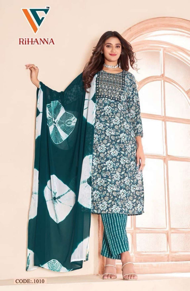 Vandana Creation Rihanna Vol 1 Rayon Heavy‎ Neck‎ Embroidery‎ Patch Kurti Pant Dupatta Set