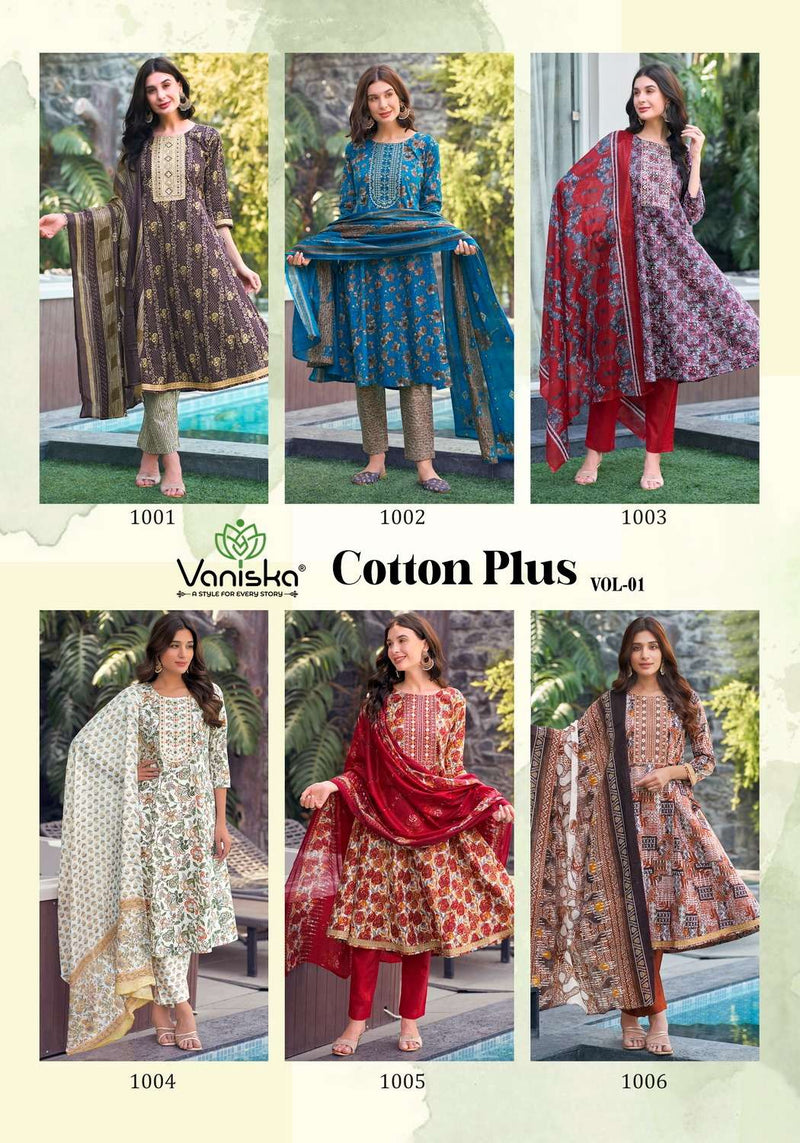 Vaniska Cotton Plus Vol 1 Fancy Embroidery Work Gown Style Kurti Pant Dupatta Set