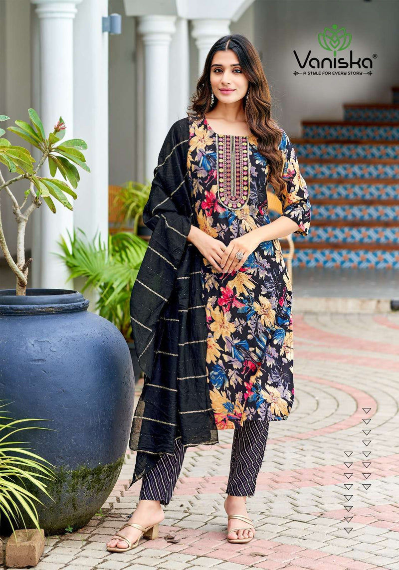 Vaniska Sitara Vol 1 Rayon Foil Print Straight Kurti Pant Dupatta Set