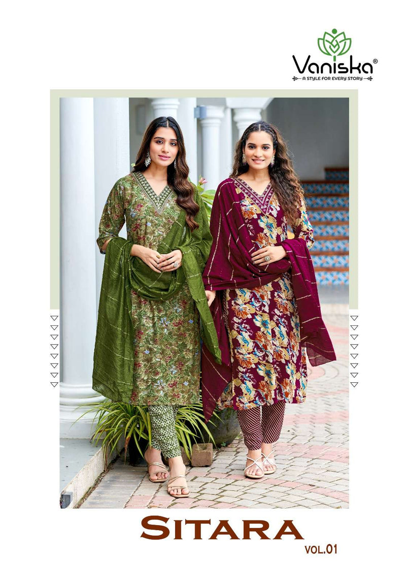 Vaniska Sitara Vol 1 Rayon Foil Print Straight Kurti Pant Dupatta Set