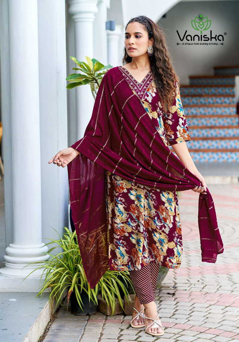 Vaniska Sitara Vol 1 Rayon Foil Print Straight Kurti Pant Dupatta Set