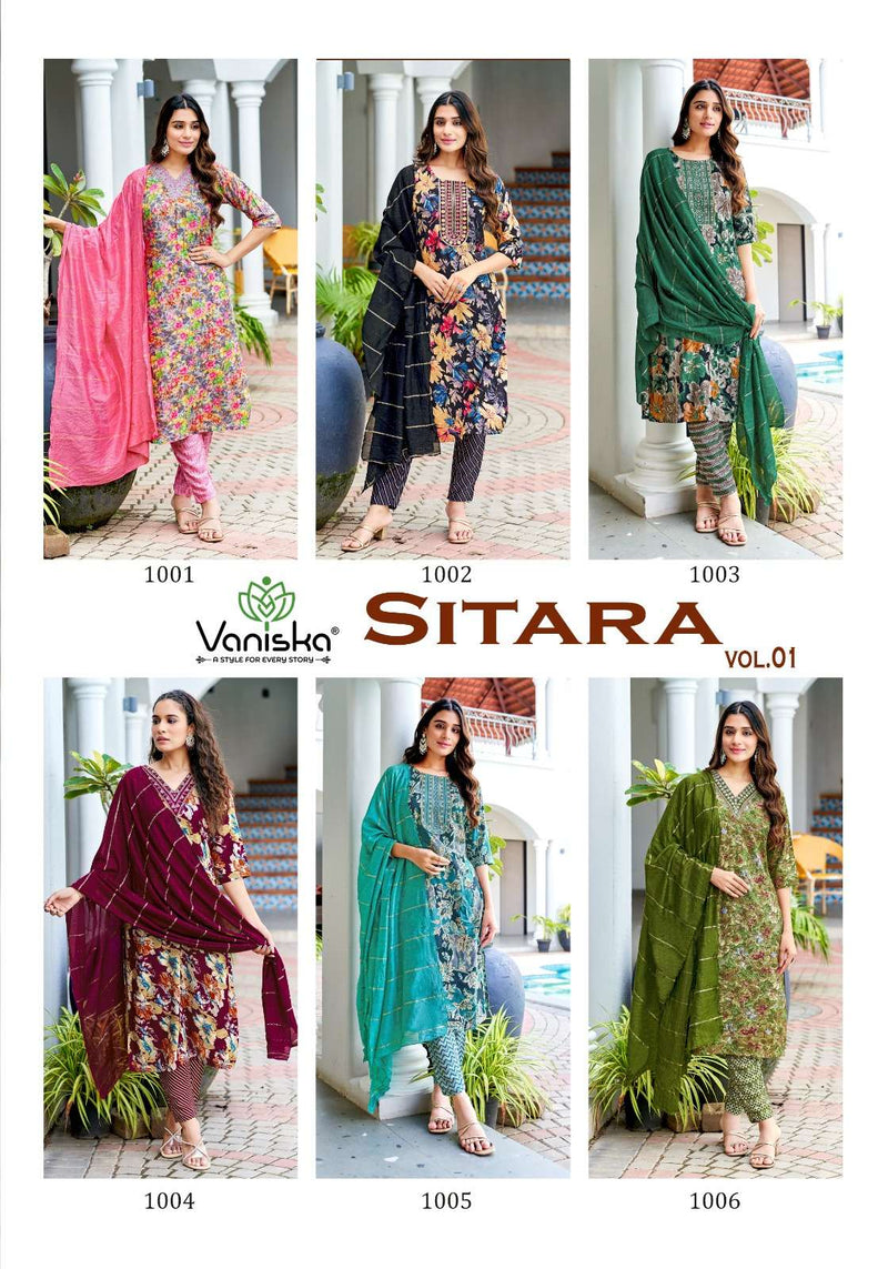 Vaniska Sitara Vol 1 Rayon Foil Print Straight Kurti Pant Dupatta Set