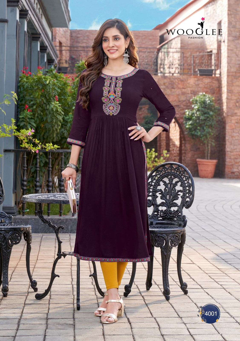 Wooglee Ananta Rayon Thread Hand Work Fancy Kurti Set