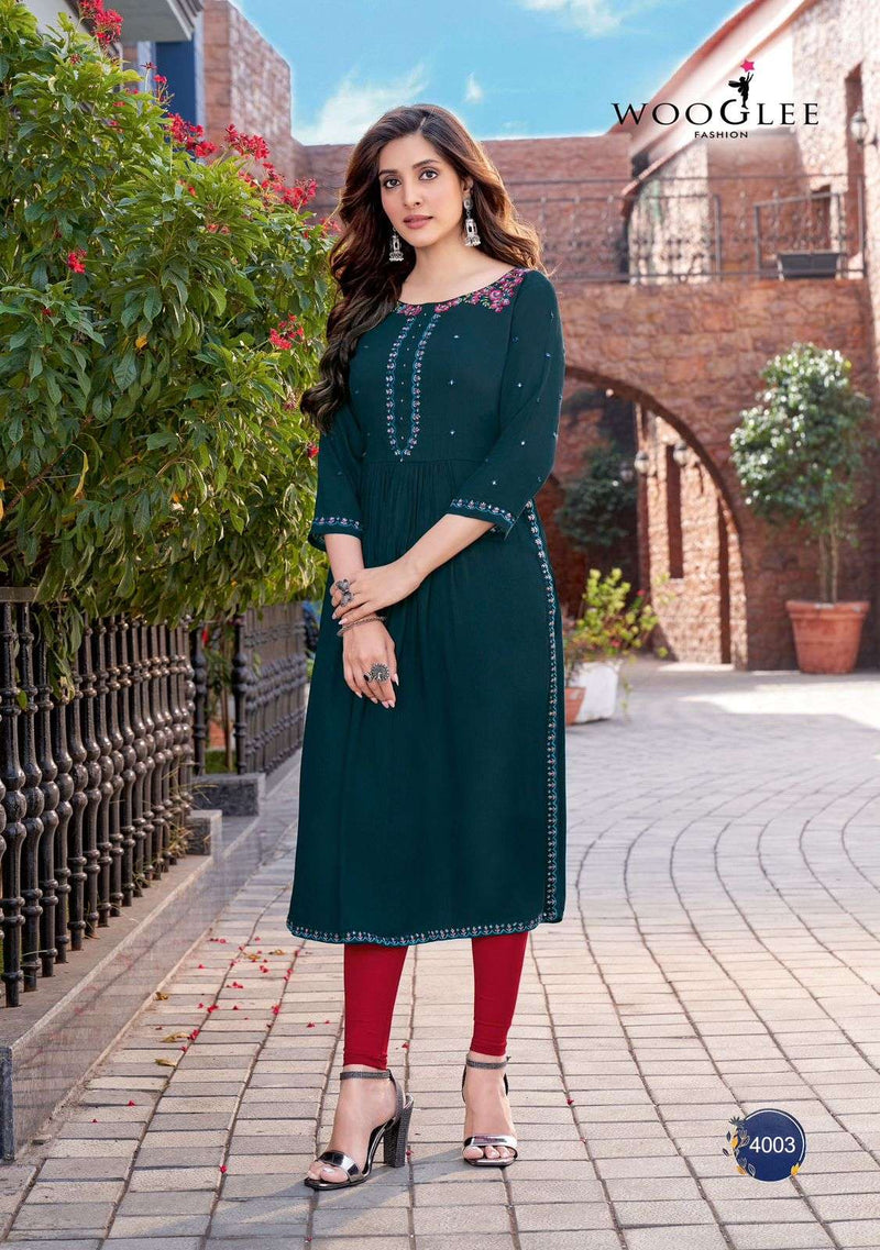 Wooglee Ananta Rayon Thread Hand Work Fancy Kurti Set