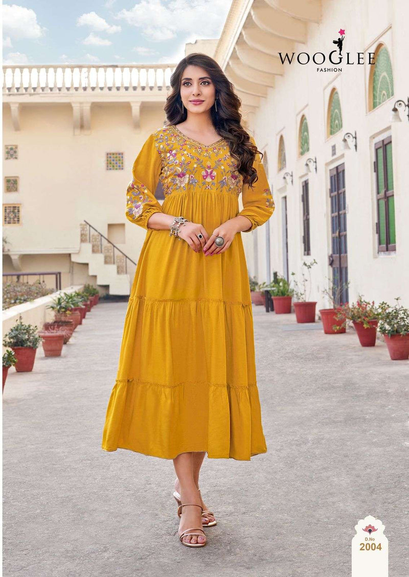 Wooglee Anchal Rayon Thread Hand Work Designer Fancy Casual Wear Kurti Set