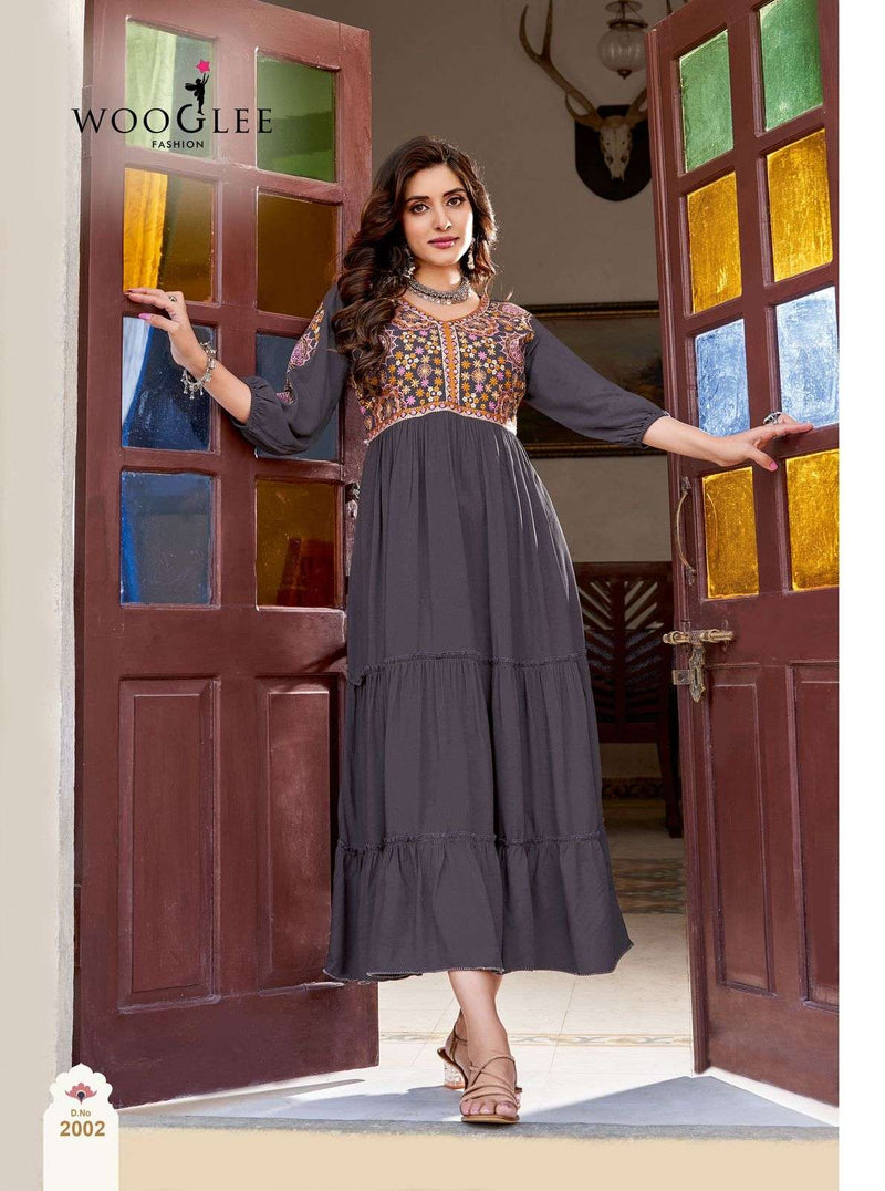 Wooglee Anchal Rayon Thread Hand Work Designer Fancy Casual Wear Kurti Set