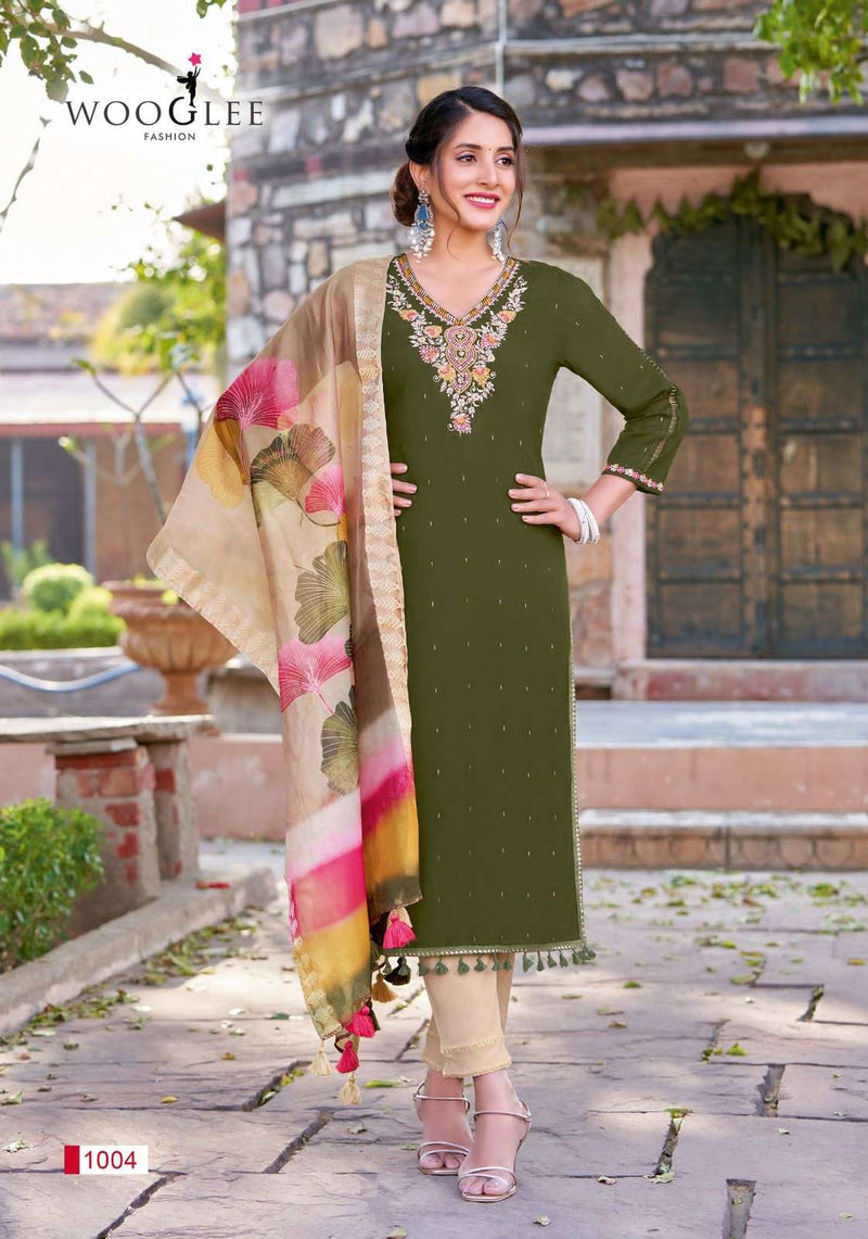 Woogle Lamha Rayon Weaving Handwork Embroidery Designer Kurti Pamt Dupatta Set