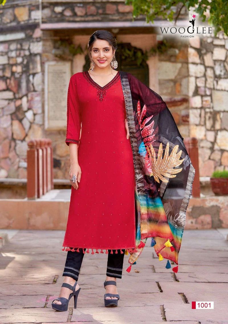 Woogle Lamha Rayon Weaving Handwork Embroidery Designer Kurti Pamt Dupatta Set