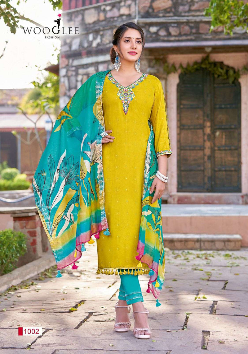 Woogle Lamha Rayon Weaving Handwork Embroidery Designer Kurti Pamt Dupatta Set