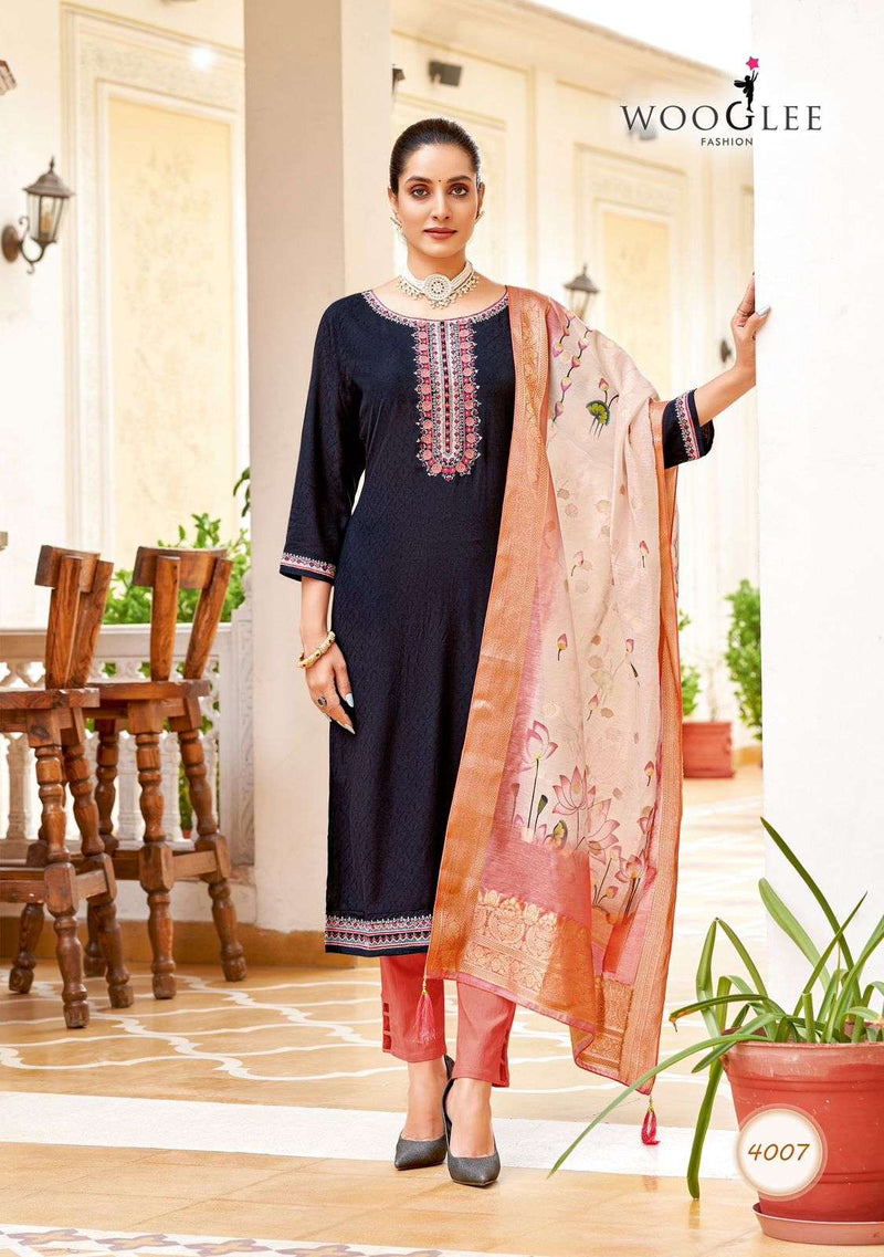 Wooglee Nitya Vol 2 Viscose Thread  Handwork Casual Wear Kurti Pant Dupatta Set