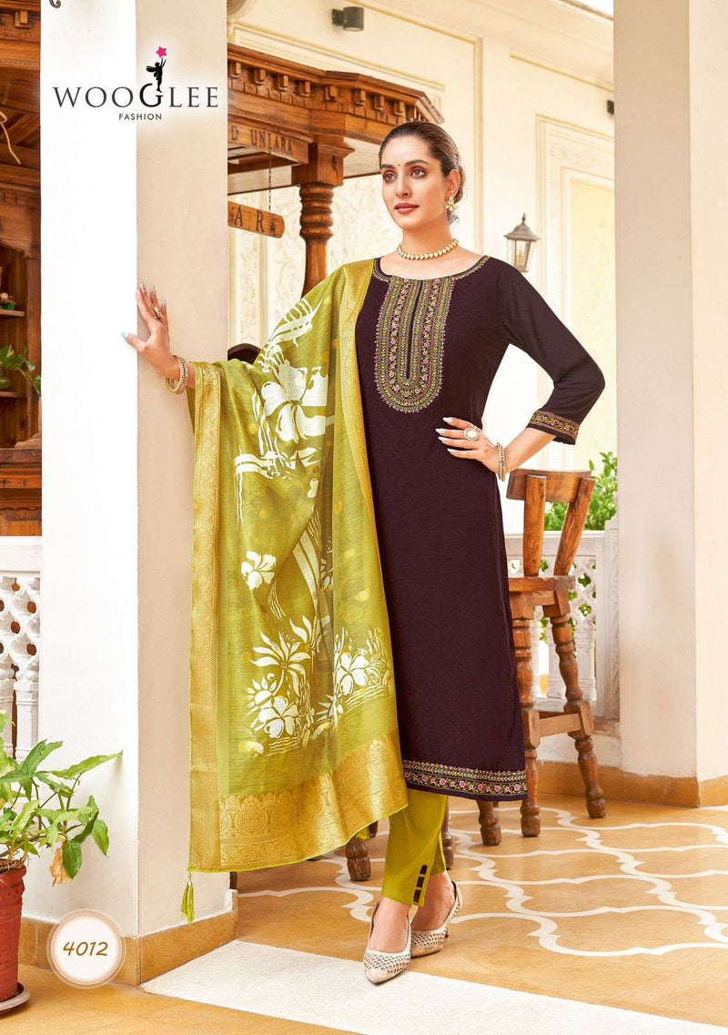 Wooglee Nitya Vol 2 Viscose Thread  Handwork Casual Wear Kurti Pant Dupatta Set