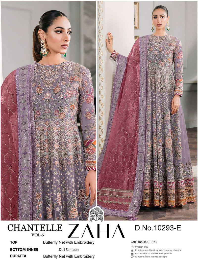 Zaha Chantelle Vol 5 D No 10293 E & F Butter Fly Net Pakistani Concept Semi Stitched Set