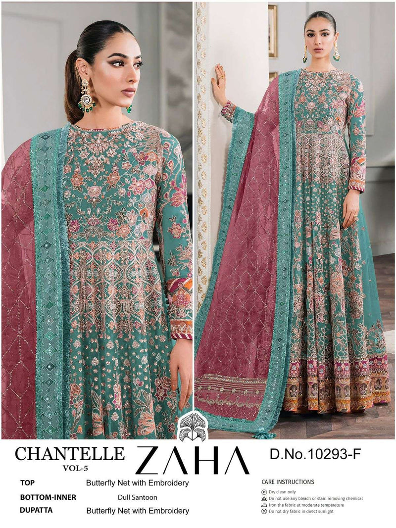 Zaha Chantelle Vol 5 D No 10293 E & F Butter Fly Net Pakistani Concept Semi Stitched Set