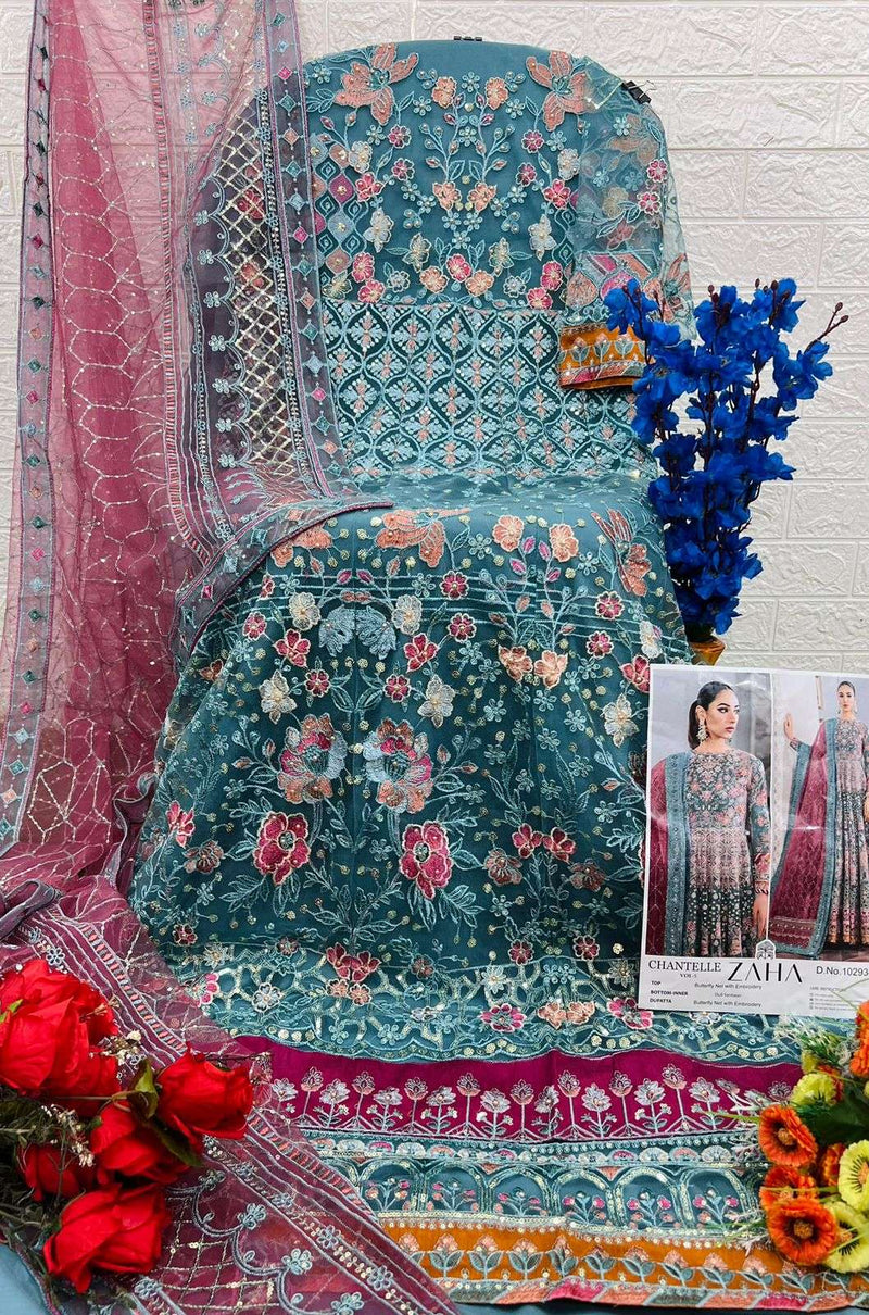 Zaha Chantelle Vol 5 D No 10293 E & F Butter Fly Net Pakistani Concept Semi Stitched Set