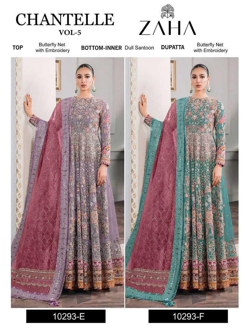 Zaha Chantelle Vol 5 D No 10293 E & F Butter Fly Net Pakistani Concept Semi Stitched Set