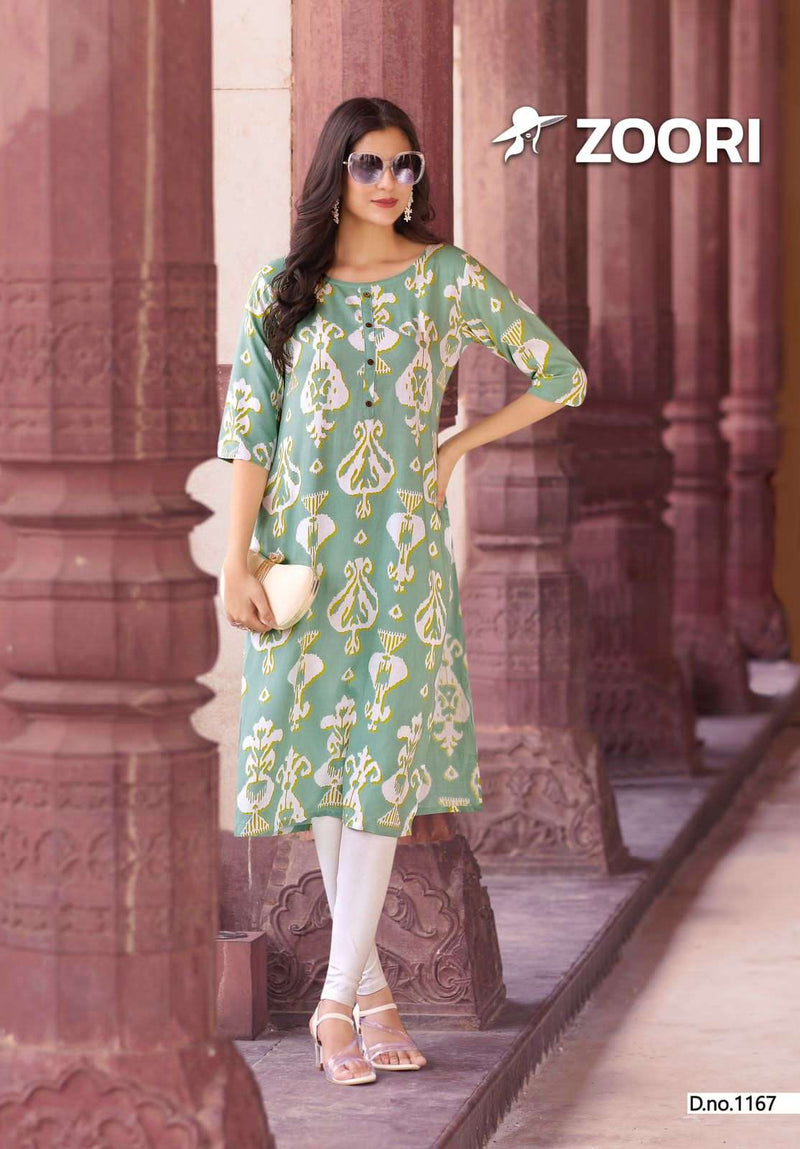 Zoori Akshara Vol 28 Rayon Print Fancy Straight Style Kurti For Daily Wear