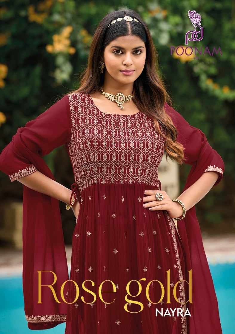 Poonam Designer Rose Gold Pure Georgette Zari Work Nayra Cut Fancy Designer Partywear Kurti