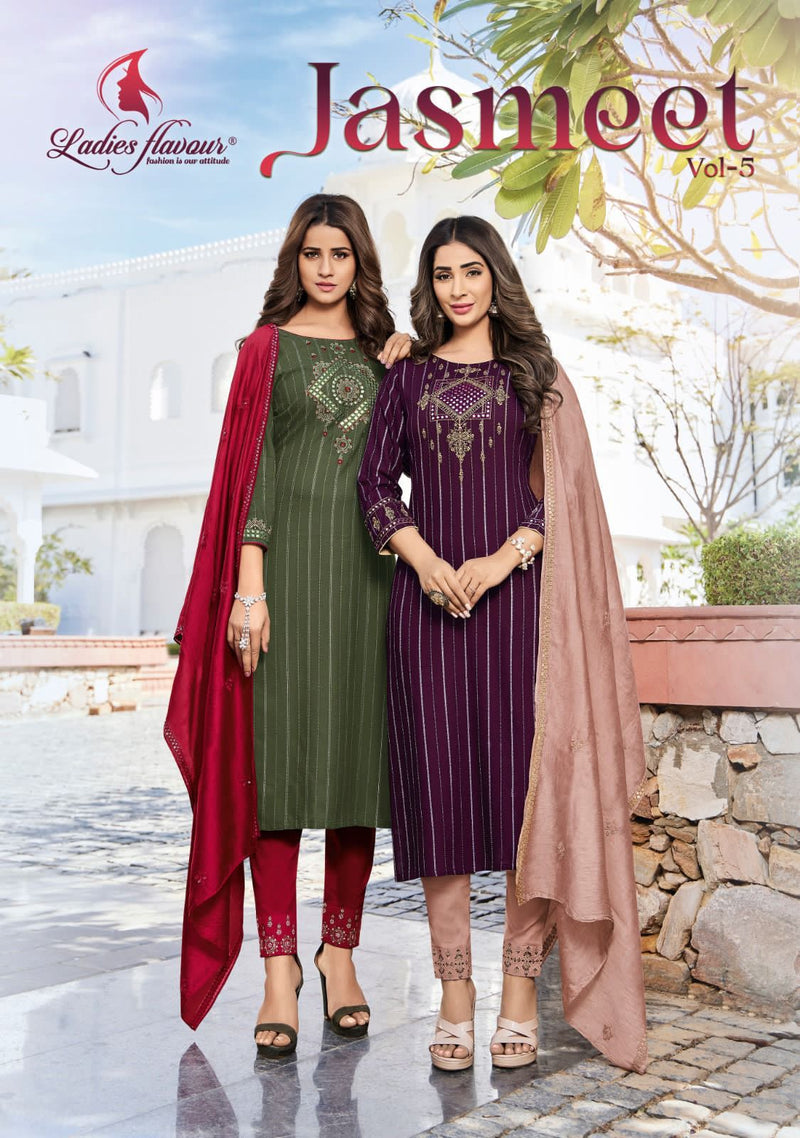 Ladies Flavour Jasmeet Vol 5 Rayon Weaving Strip With Embroidery Mirror Work Partywear Designer Kurti