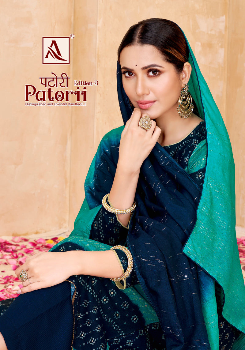 Alok Suits Patori Edition Vol 3 Pure Rayon Bandhani Print Foil Fancy Embroidery Work Fancy Designer Partywear Salwar Suit