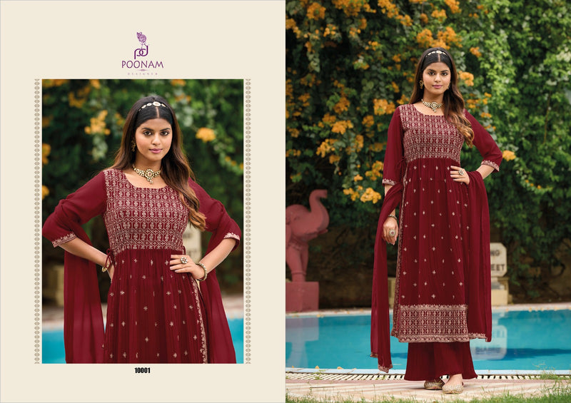 Poonam Designer Rose Gold Pure Georgette Zari Work Nayra Cut Fancy Designer Partywear Kurti