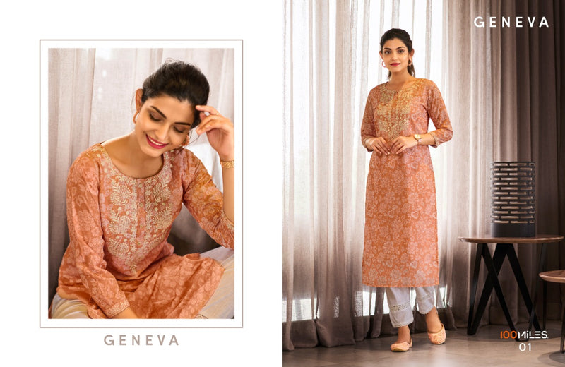 100 Mills Geneva Georgette With Chikankari Printed work Stylisj Designer Casual Wear Fancy Kurti