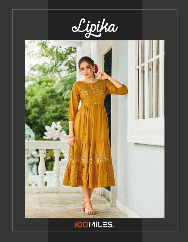 100 Miles Lipika Cotton Embroidered Long Dress With Fair Gathers Kurti