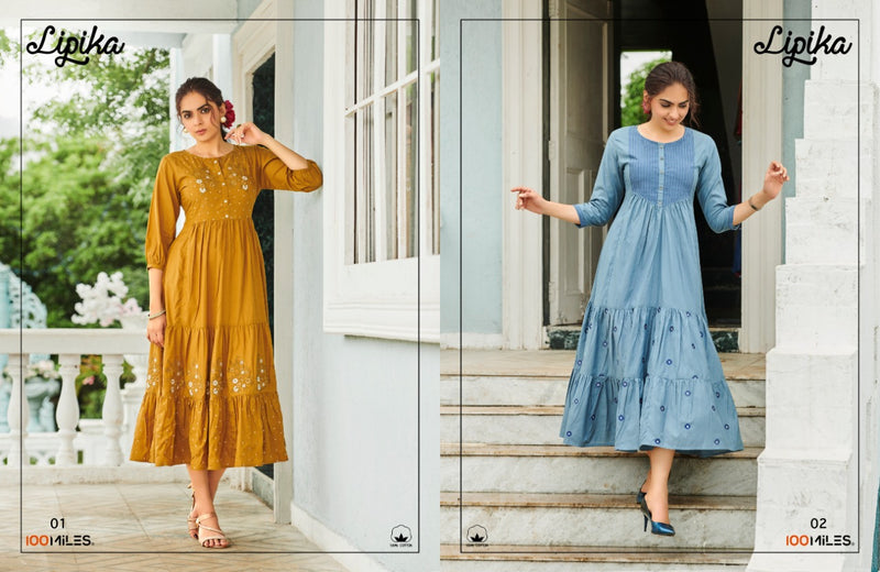 100 Miles Lipika Cotton Embroidered Long Dress With Fair Gathers Kurti