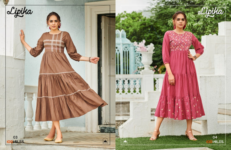 100 Miles Lipika Cotton Embroidered Long Dress With Fair Gathers Kurti