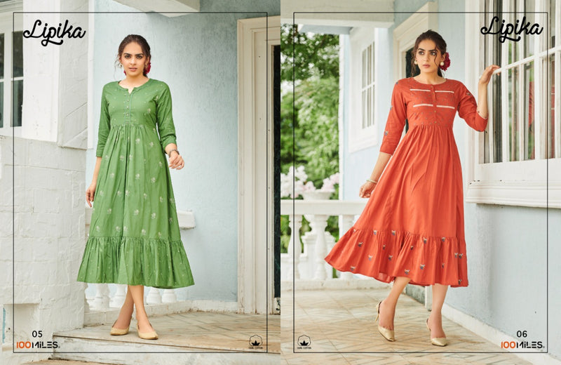 100 Miles Lipika Cotton Embroidered Long Dress With Fair Gathers Kurti