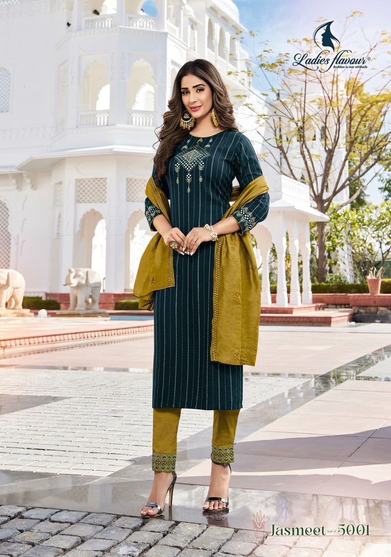 Ladies Flavour Jasmeet Vol 5 Rayon Weaving Strip With Embroidery Mirror Work Partywear Designer Kurti