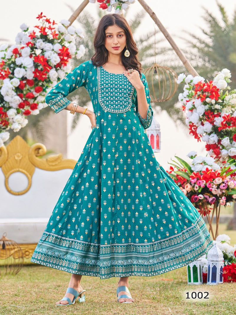 Blue Hills Spotlight Vol 5 Rayon Print Anarkali Style Neck Embroidery Lace Work Stylish Designer Partywear Kurti