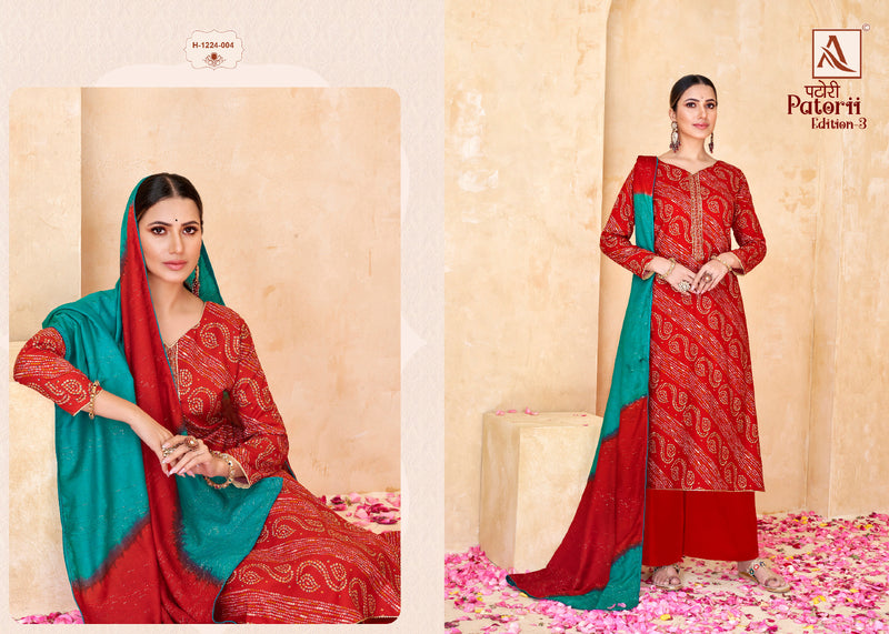 Alok Suits Patori Edition Vol 3 Pure Rayon Bandhani Print Foil Fancy Embroidery Work Fancy Designer Partywear Salwar Suit