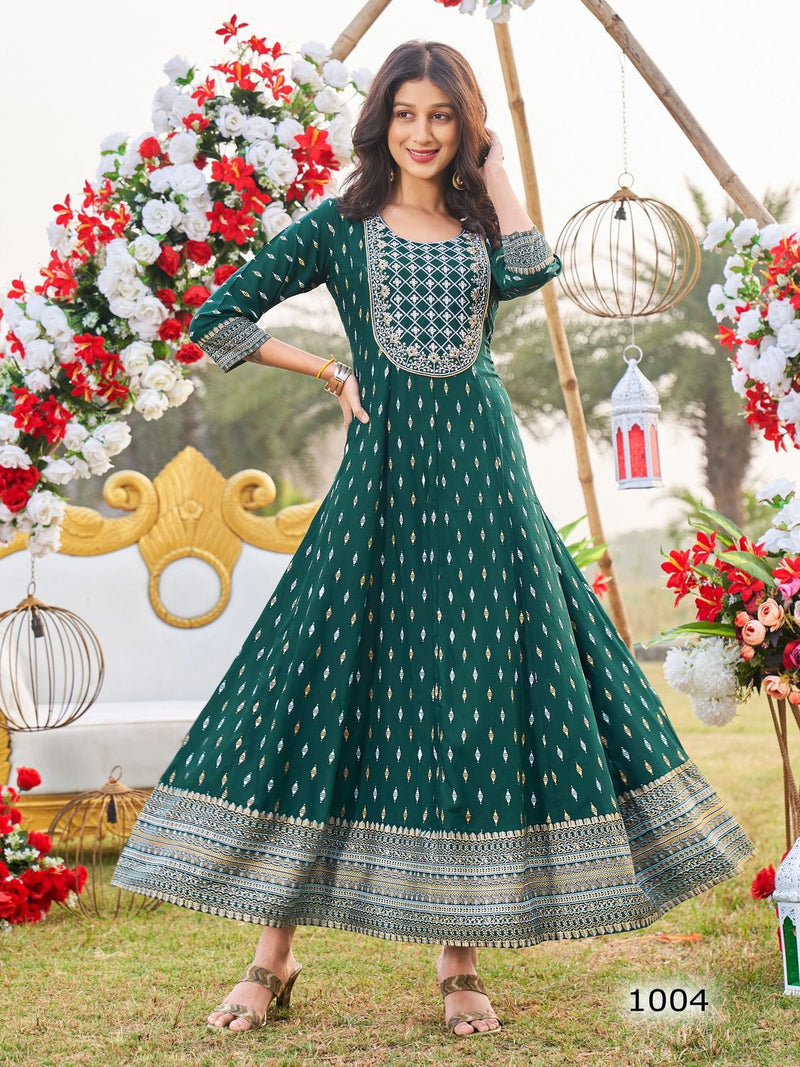 Blue Hills Spotlight Vol 5 Rayon Print Anarkali Style Neck Embroidery Lace Work Stylish Designer Partywear Kurti