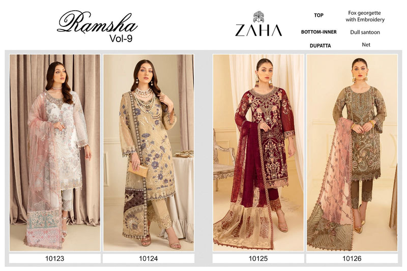 Zaha Ramsha Vol 9 Georgette Heavy Embroidery Back Work Designer Pakistani Salwar Suit